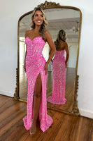Load image into Gallery viewer, Sparkly Fuchsia Strapless Sequins Long Corset Prom Dress with Slit