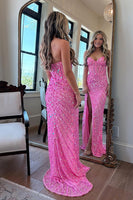 Load image into Gallery viewer, Sparkly Fuchsia Strapless Sequins Long Corset Prom Dress with Slit