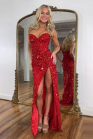 Load image into Gallery viewer, Sparkly Fuchsia Strapless Sequins Long Corset Prom Dress with Slit