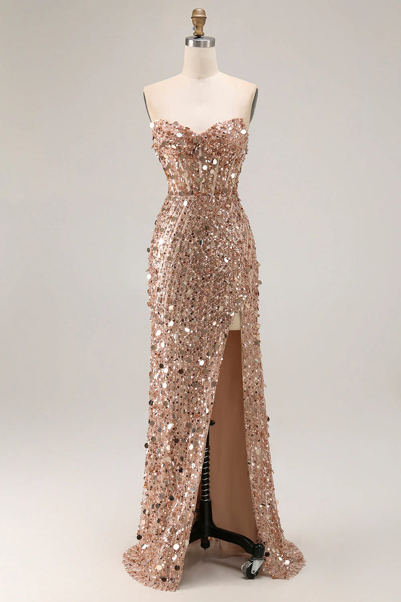 Load image into Gallery viewer, Sparkly Fuchsia Strapless Sequins Long Corset Prom Dress with Slit