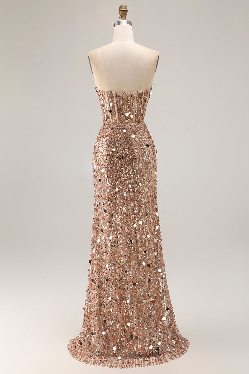 Queendancer Women Sparkly Champagne Long Corset Prom Dress with Slit