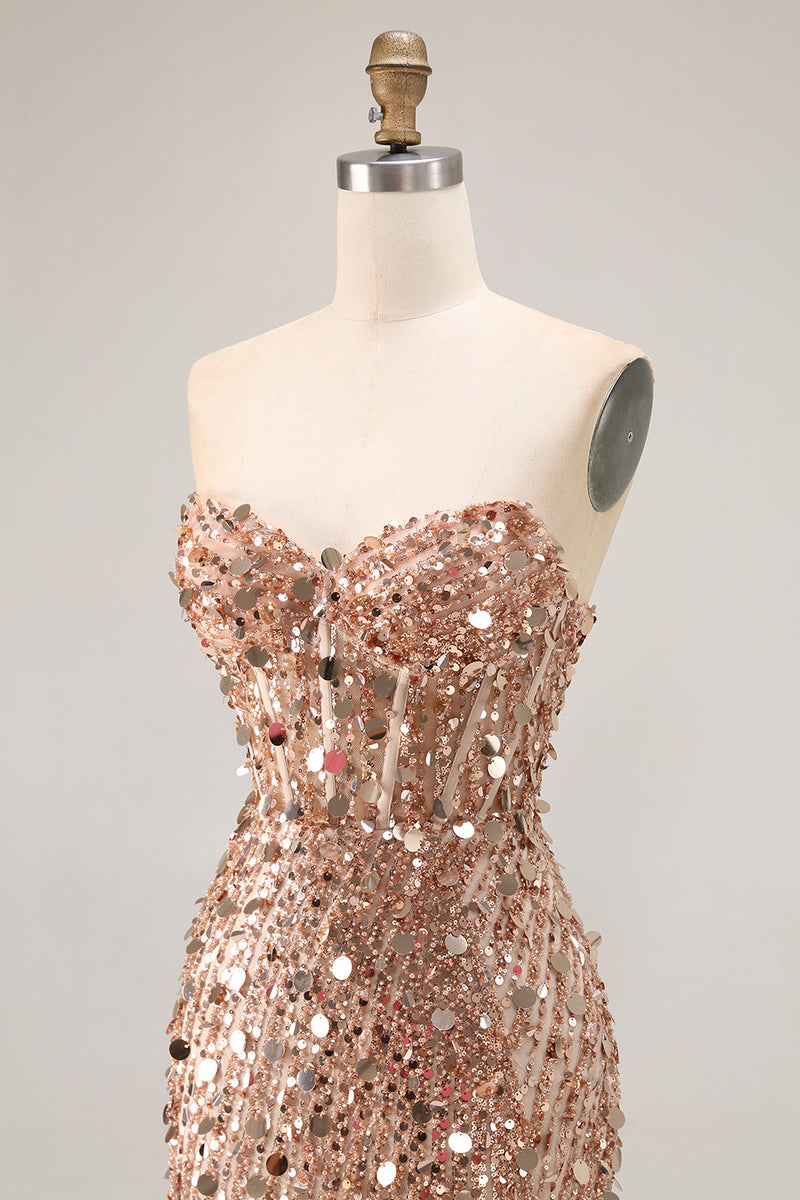 Load image into Gallery viewer, Sparkly Champagne Beaded Long Corset Prom Dress with Slit