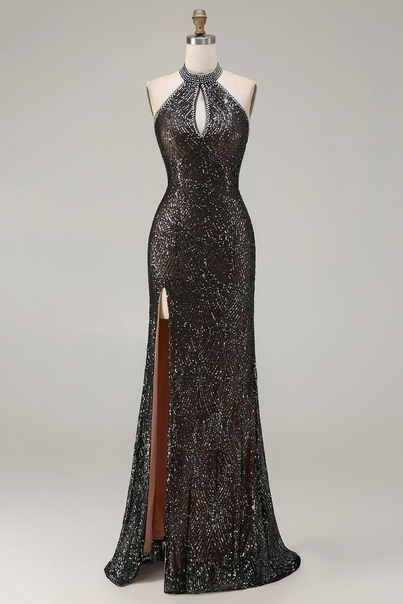 Queendancer Women Sparkly Black Maxi Prom Dress with Slit Beaded