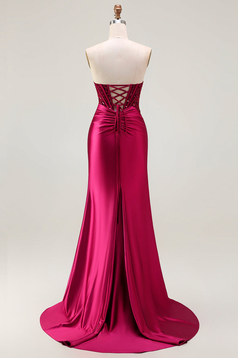 Queendancer Women Sparkly Burgundy Maxi Corset Prom Dress with Slit