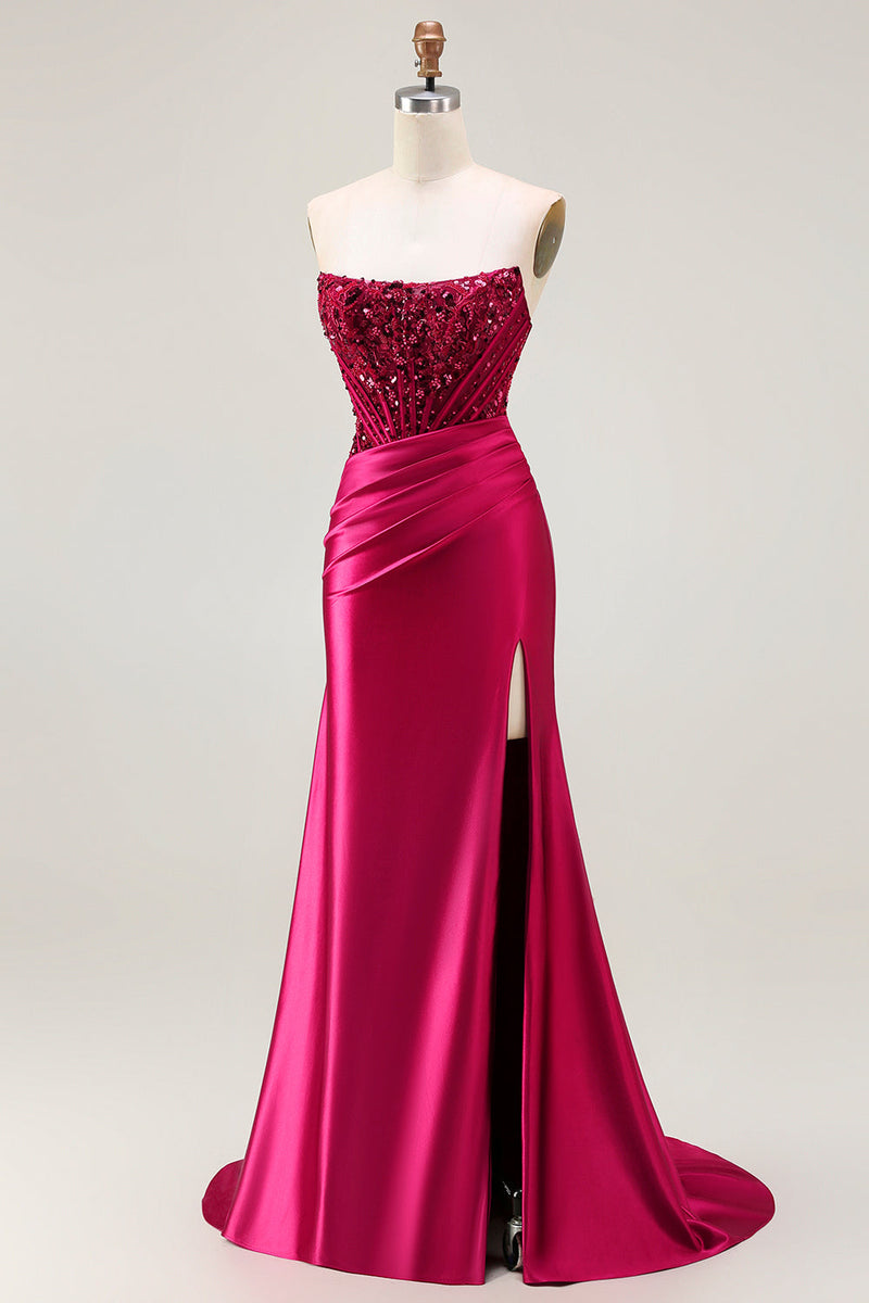 Queendancer Women Sparkly Burgundy Maxi Corset Prom Dress with Slit