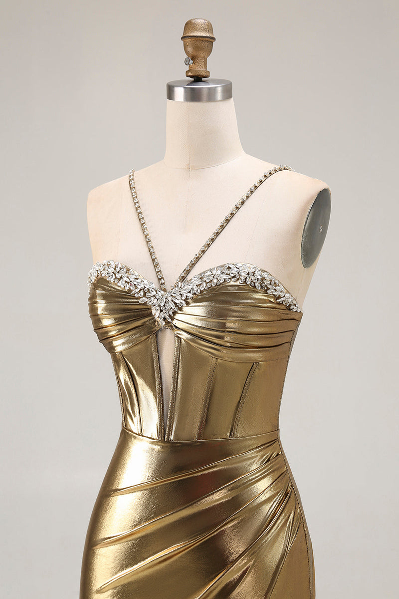 Load image into Gallery viewer, Sparkly Golden Metallic Mermaid Long Corset Prom Dress with Slit
