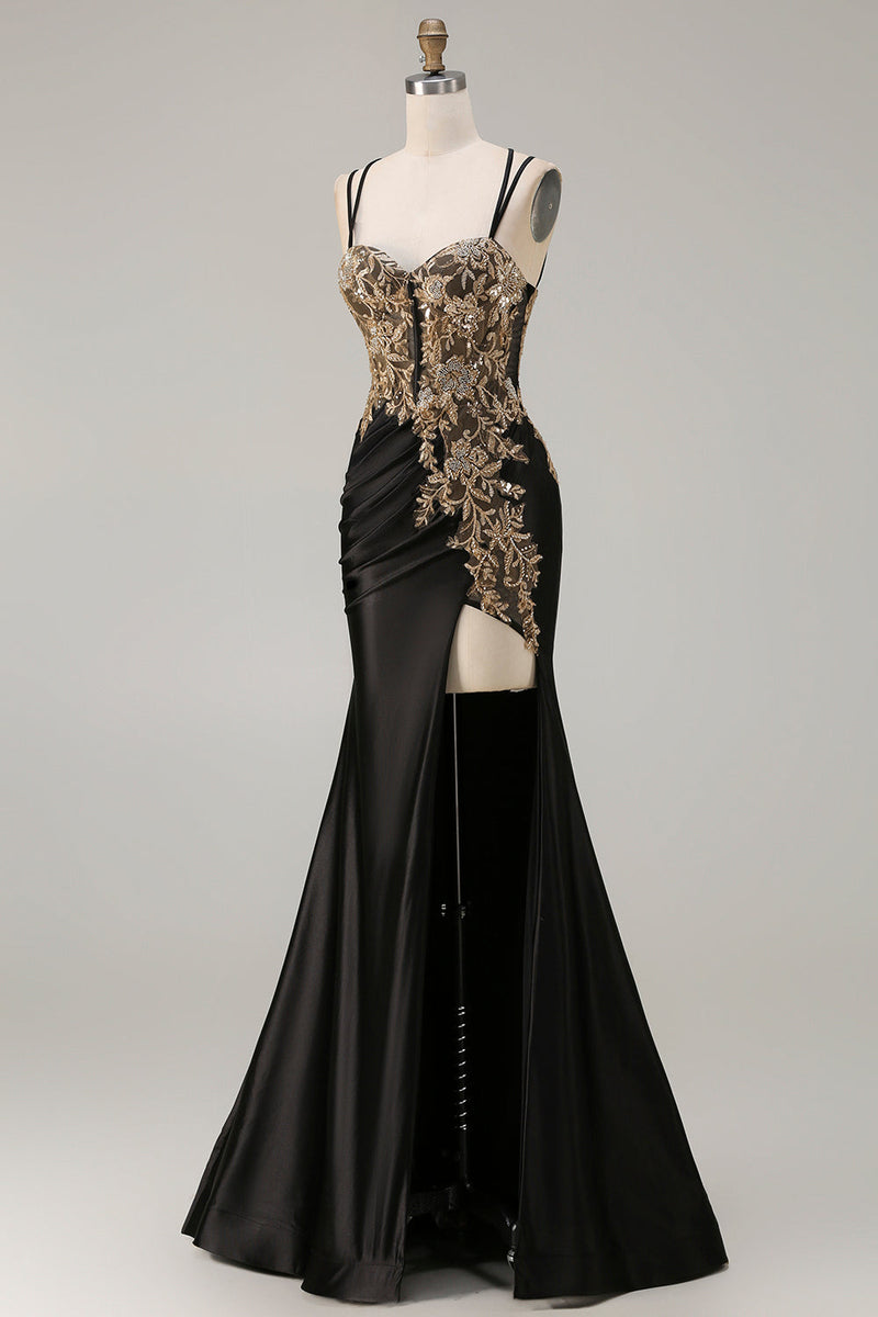 Queendancer Women Sparkly Black Maxi Corset Prom Dress with Slit Satin