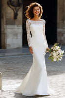Load image into Gallery viewer, White Sweep Train Chiffon Mermaid Wedding Dress with Sleeves
