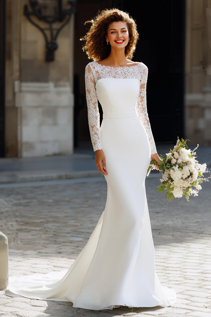 Load image into Gallery viewer, White Sweep Train Chiffon Mermaid Wedding Dress with Sleeves