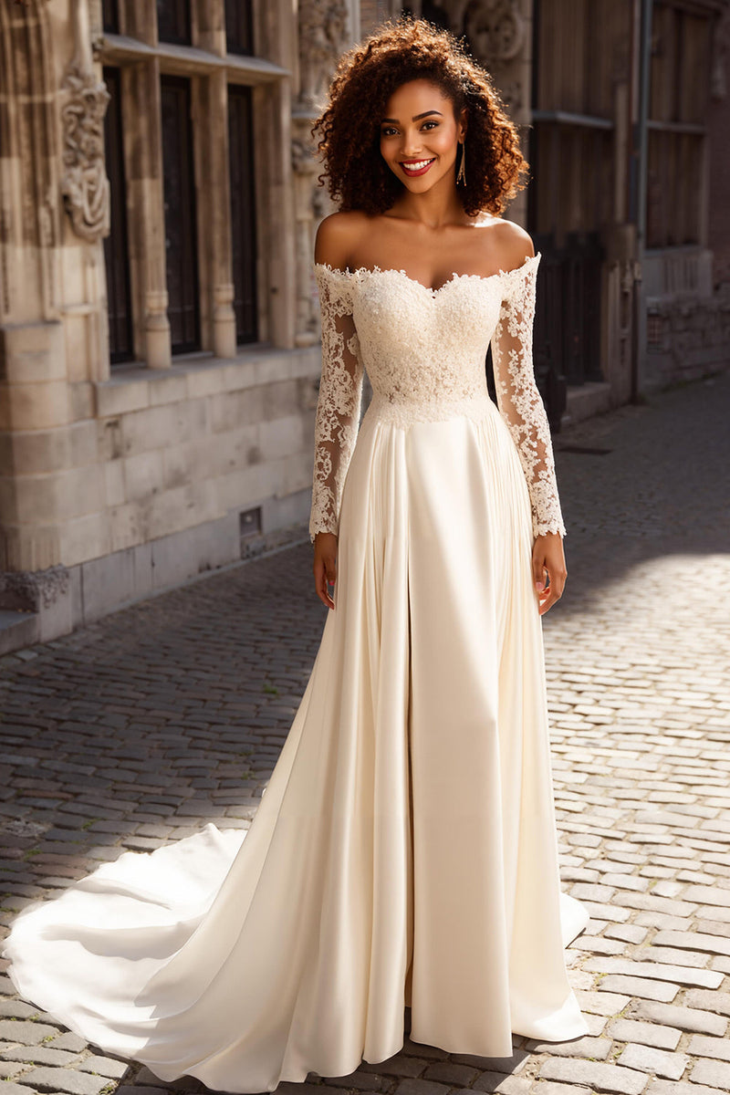 Load image into Gallery viewer, Ivory Off the Shoulder Satin Long Sleeves A-Line Wedding Dress