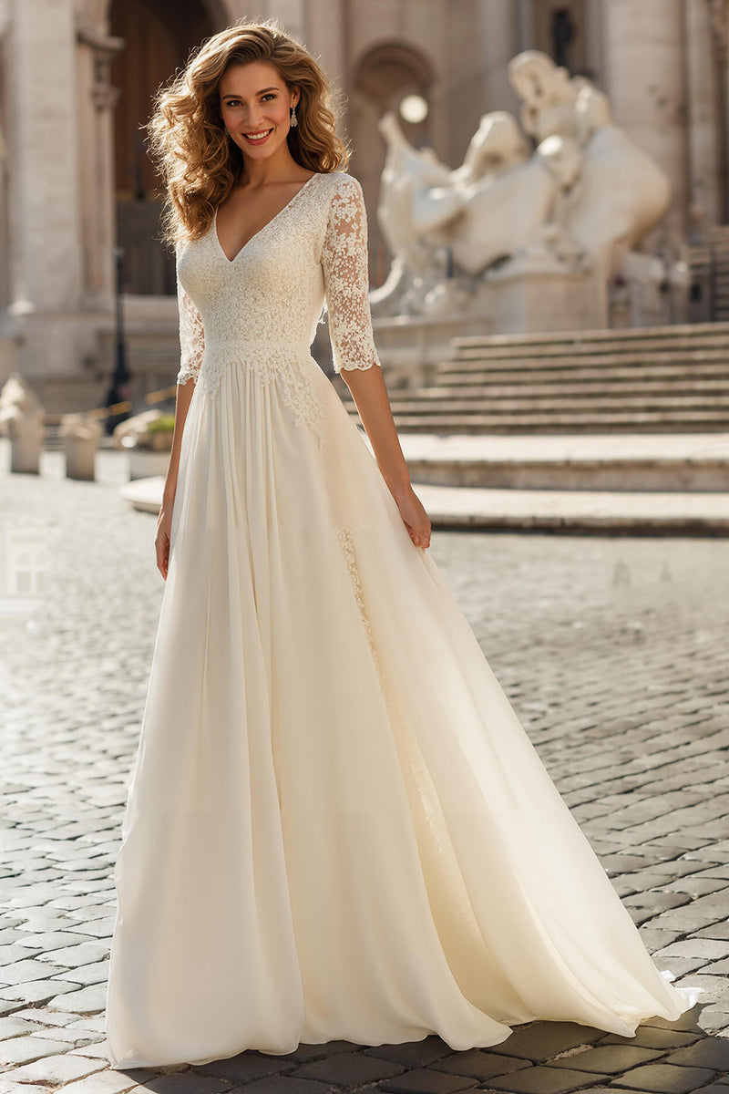 Load image into Gallery viewer, Ivory Chiffon V-Neck Half Sleeves A-Line Wedding Dress with Sleeves