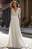 Load image into Gallery viewer, Ivory Chiffon V-Neck A-Line Half Sleeves Wedding Dress