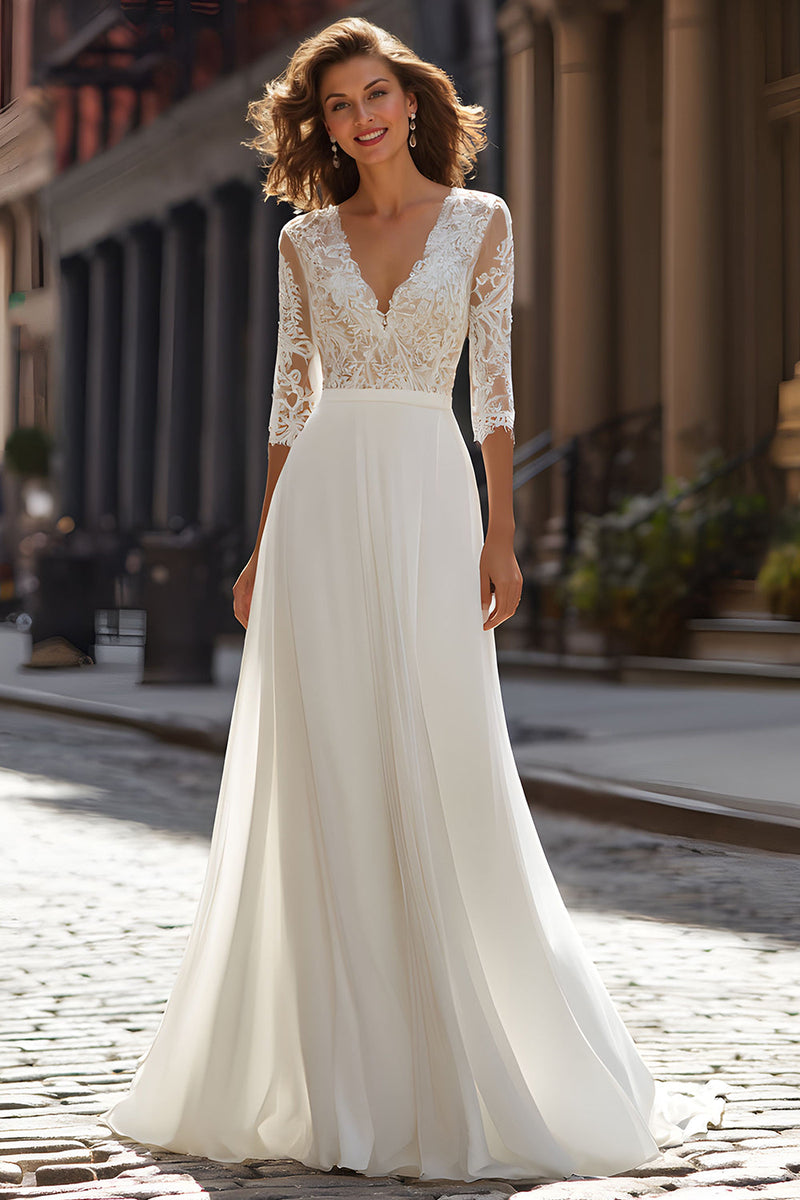 Load image into Gallery viewer, Ivory Chiffon V-Neck A-Line Half Sleeves Wedding Dress