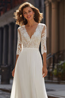 Load image into Gallery viewer, Ivory Chiffon V-Neck A-Line Half Sleeves Wedding Dress