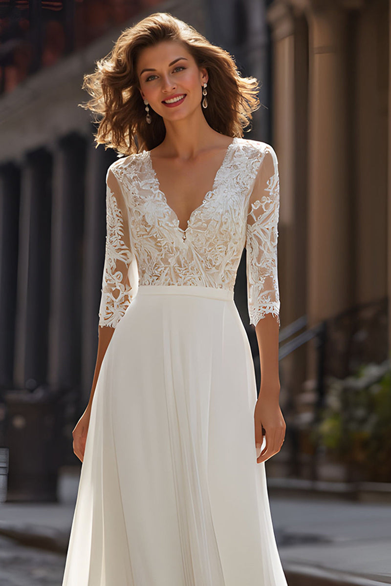 Load image into Gallery viewer, Ivory Chiffon V-Neck A-Line Half Sleeves Wedding Dress