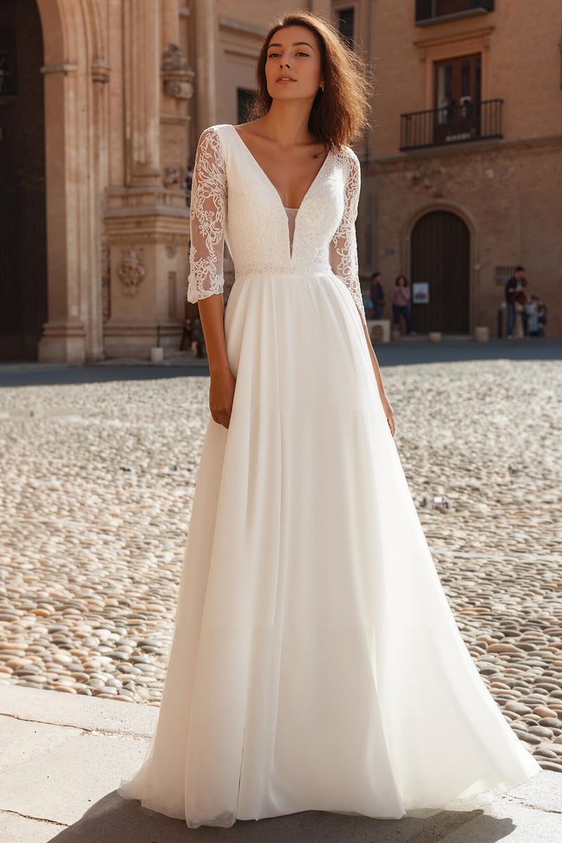 Queendancer Women Ivory A-Line Wedding Dress with Sleeves Chiffon V-Neck Floor Length Bridal Dress with Lace queendanceruk Queendancer Women Ivory A-Line Wedding Dress with Sleeves Chiffon V-Neck Floor Length Bridal Dress with Lace queendanceruk