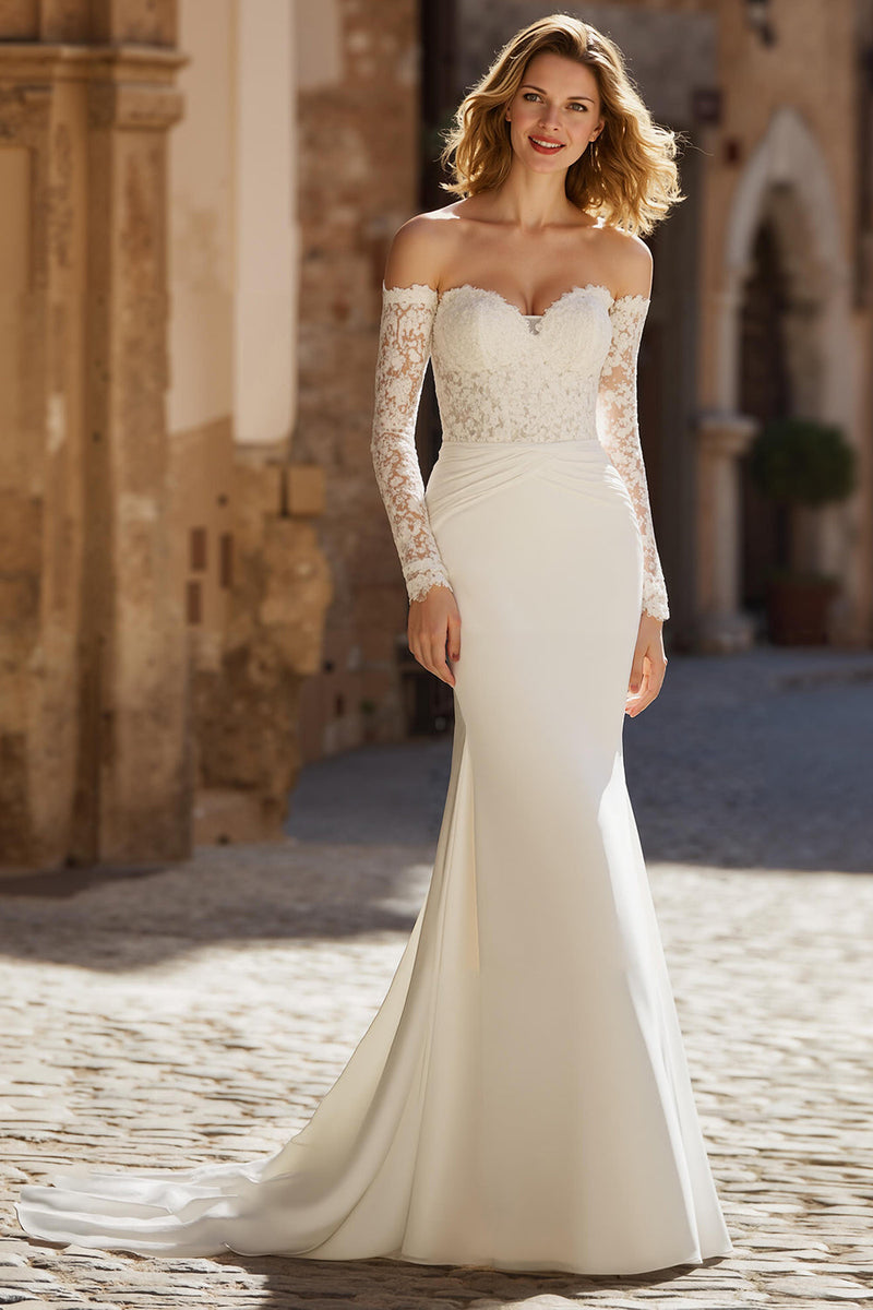 Load image into Gallery viewer, Ivory Chiffon Mermaid Off the Shoulder Wedding Dress with Sleeves