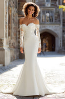 Load image into Gallery viewer, White Satin Long Sleeves Mermaid Wedding Dress with Lace