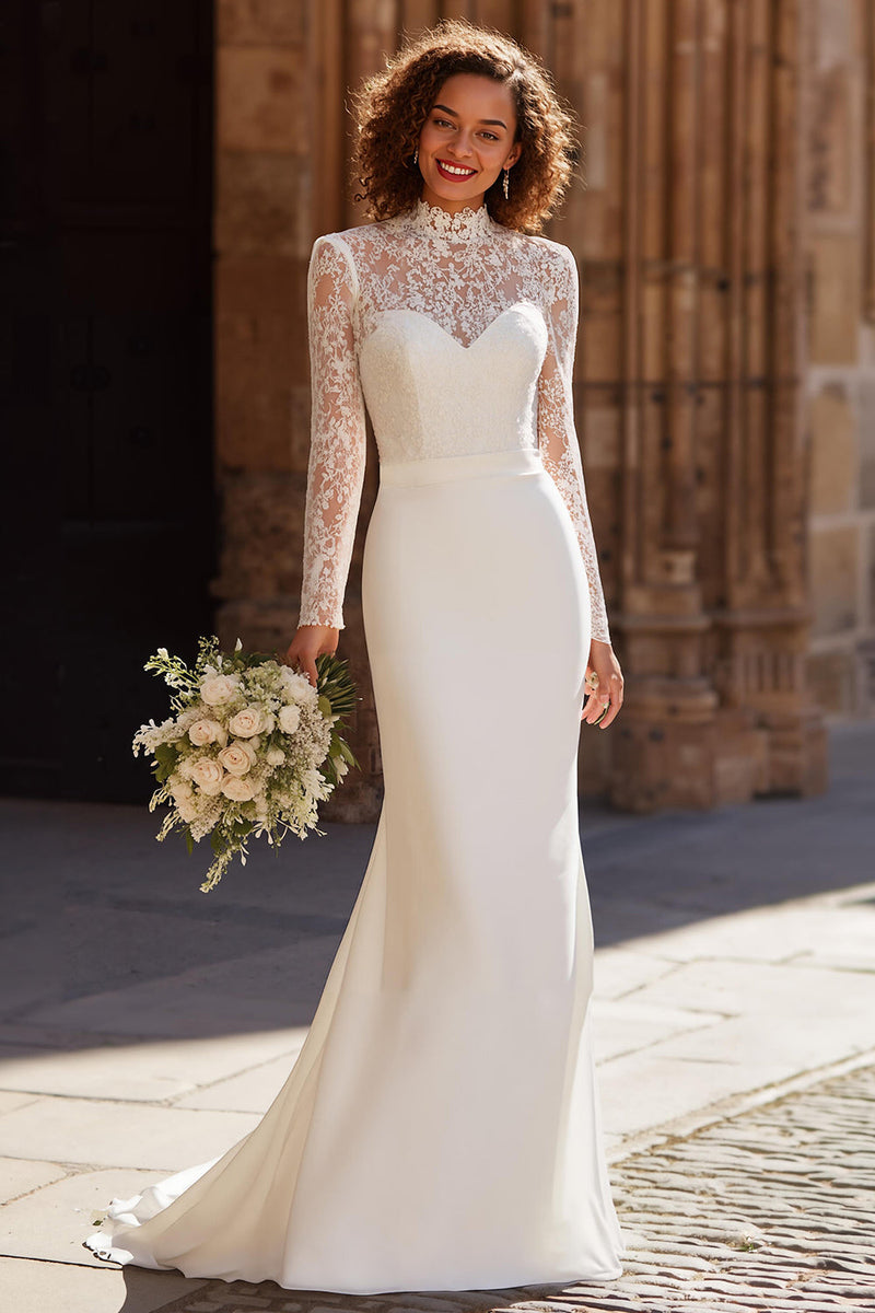 Queendancer Women Ivory Chiffon Vintage Wedding Dress with Sleeves Mermaid  High Neck Sweep Train Bridal Dress – queendanceruk