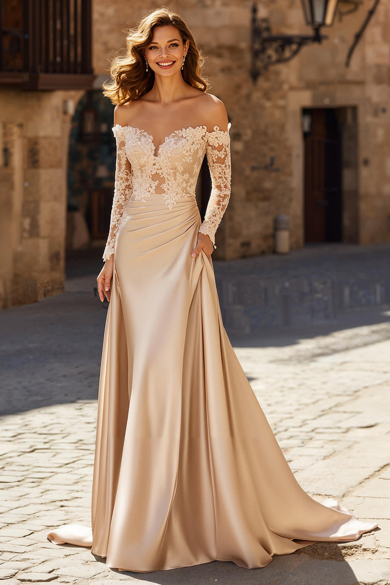 Load image into Gallery viewer, Champagne Off the Shoulder Satin Maxi Wedding Dress with Sleeves