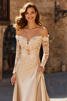 Load image into Gallery viewer, Champagne Off the Shoulder Satin Maxi Wedding Dress with Sleeves