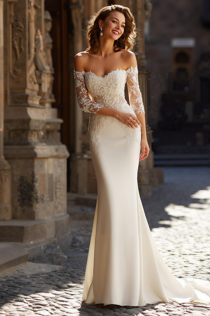Load image into Gallery viewer, Ivory Satin Off the Shoulder Mermaid Wedding Dress with Sleeves