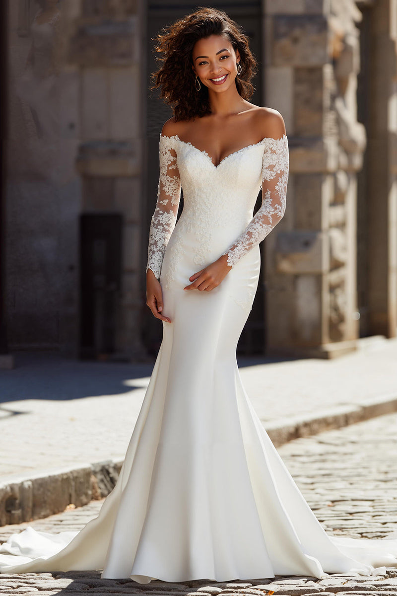 Load image into Gallery viewer, White Mermaid Off the Shoulder Satin Sweep Train Wedding Dress