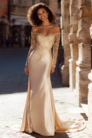 Load image into Gallery viewer, Champagne Mermaid Satin Off the Shoulder Sweep Train Wedding Dress with Sleeves