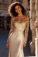 Load image into Gallery viewer, Champagne Mermaid Satin Off the Shoulder Sweep Train Wedding Dress with Sleeves
