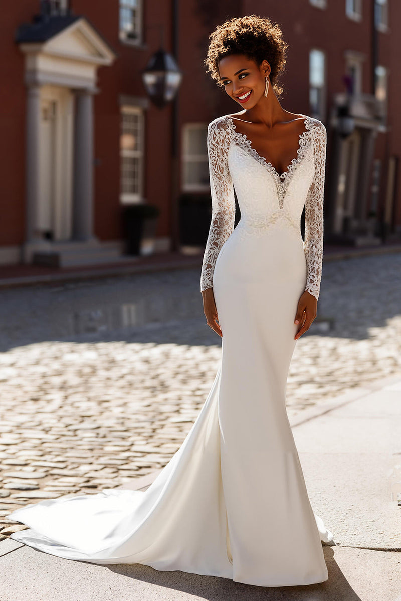 Load image into Gallery viewer, White Mermaid Chiffon V-Neck Long Sleeves Sweep Train Wedding Dress