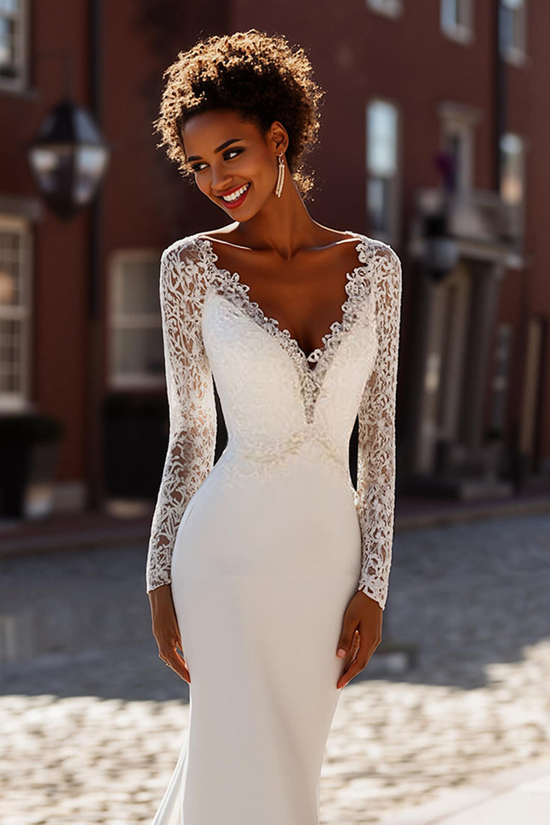 Load image into Gallery viewer, White Mermaid Chiffon V-Neck Long Sleeves Sweep Train Wedding Dress