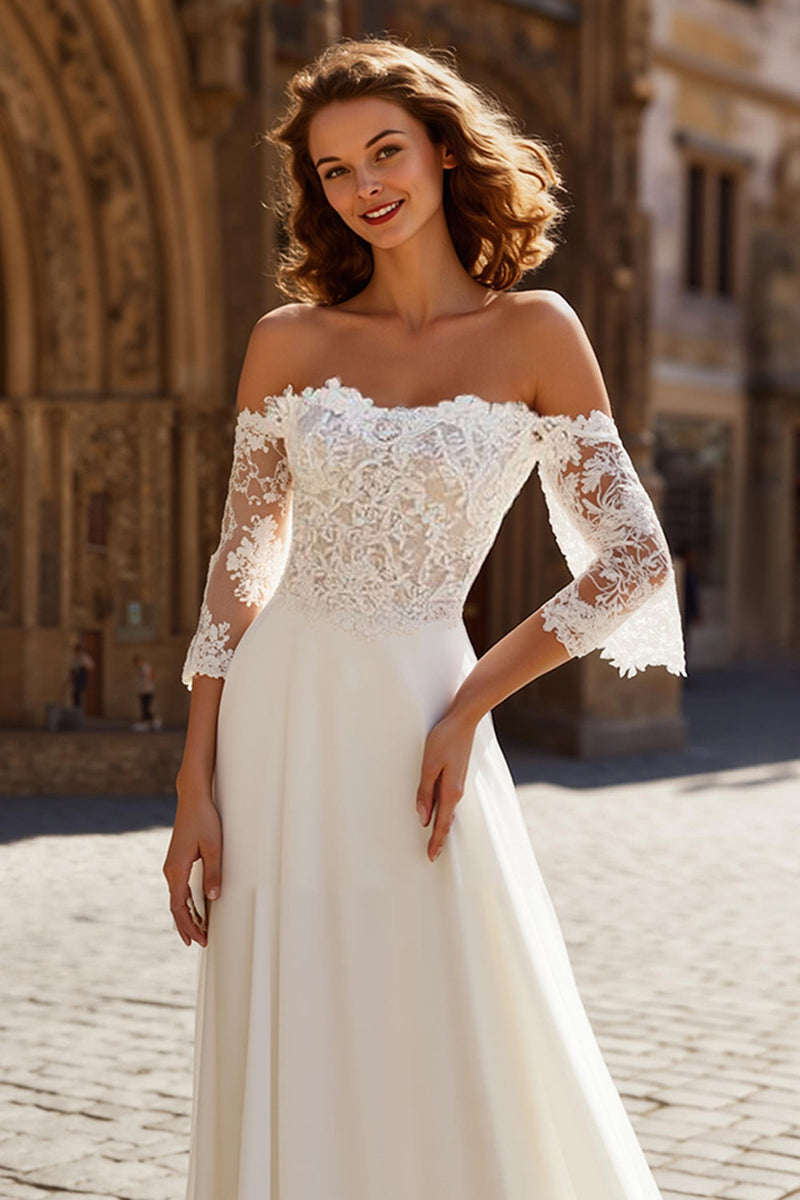Load image into Gallery viewer, Ivory Chiffon Off the Shoulder A-Line Sweep Train Wedding Dress with Sleeves