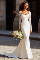 Load image into Gallery viewer, White Scoop Neck Mermaid Long Sleeves Wedding Dress with Lace