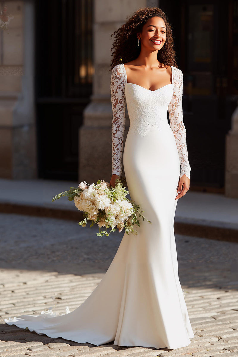 Load image into Gallery viewer, White Scoop Neck Mermaid Long Sleeves Wedding Dress with Lace