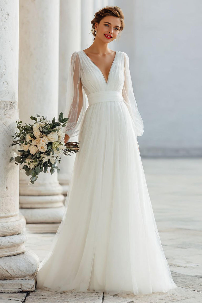 Load image into Gallery viewer, White Tulle V-Neck A Line Floor-Length Wedding Dress with Sleeves
