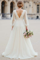 Load image into Gallery viewer, White Tulle V-Neck A Line Floor-Length Wedding Dress with Sleeves