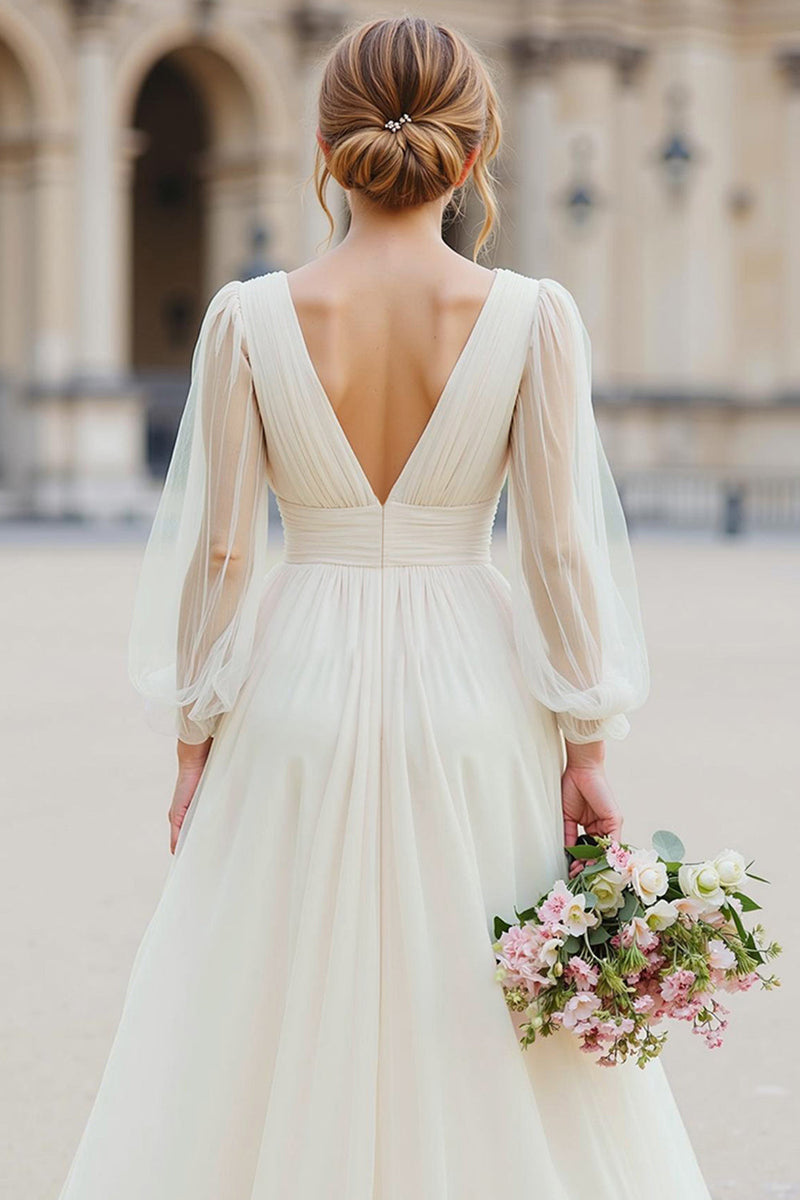 Load image into Gallery viewer, White Tulle V-Neck A Line Floor-Length Wedding Dress with Sleeves