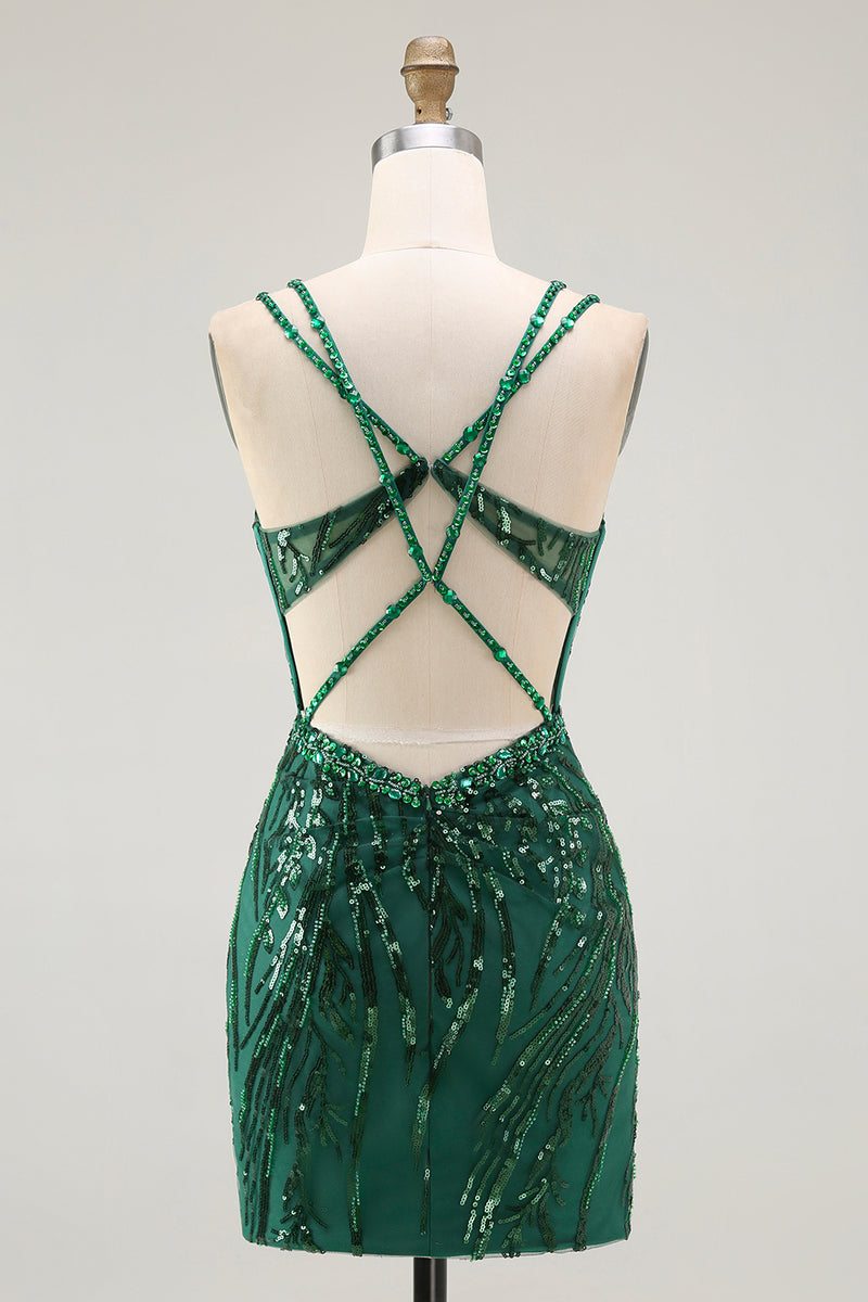 Load image into Gallery viewer, Sparkly Dark Green Sequins Tight Short Corset Prom Dress