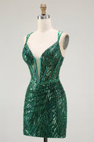 Load image into Gallery viewer, Sparkly Dark Green Sequins Tight Short Corset Prom Dress