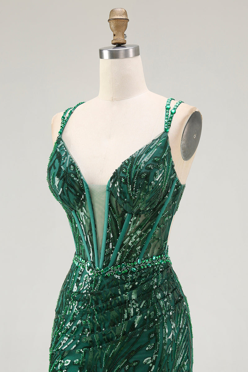 Load image into Gallery viewer, Sparkly Dark Green Sequins Tight Short Corset Prom Dress