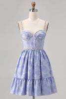 Load image into Gallery viewer, Sparkly Blue A Line Jacquard Short Prom Dress with Pearls