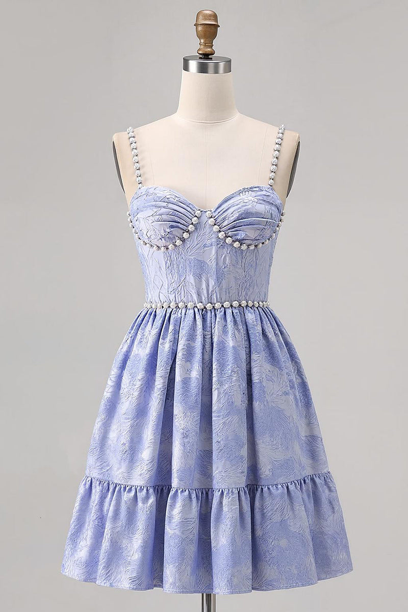 Load image into Gallery viewer, Sparkly Blue A Line Jacquard Short Prom Dress with Pearls