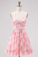 Load image into Gallery viewer, Sparkly Pink Halter Floral Pearls Short Prom Dress