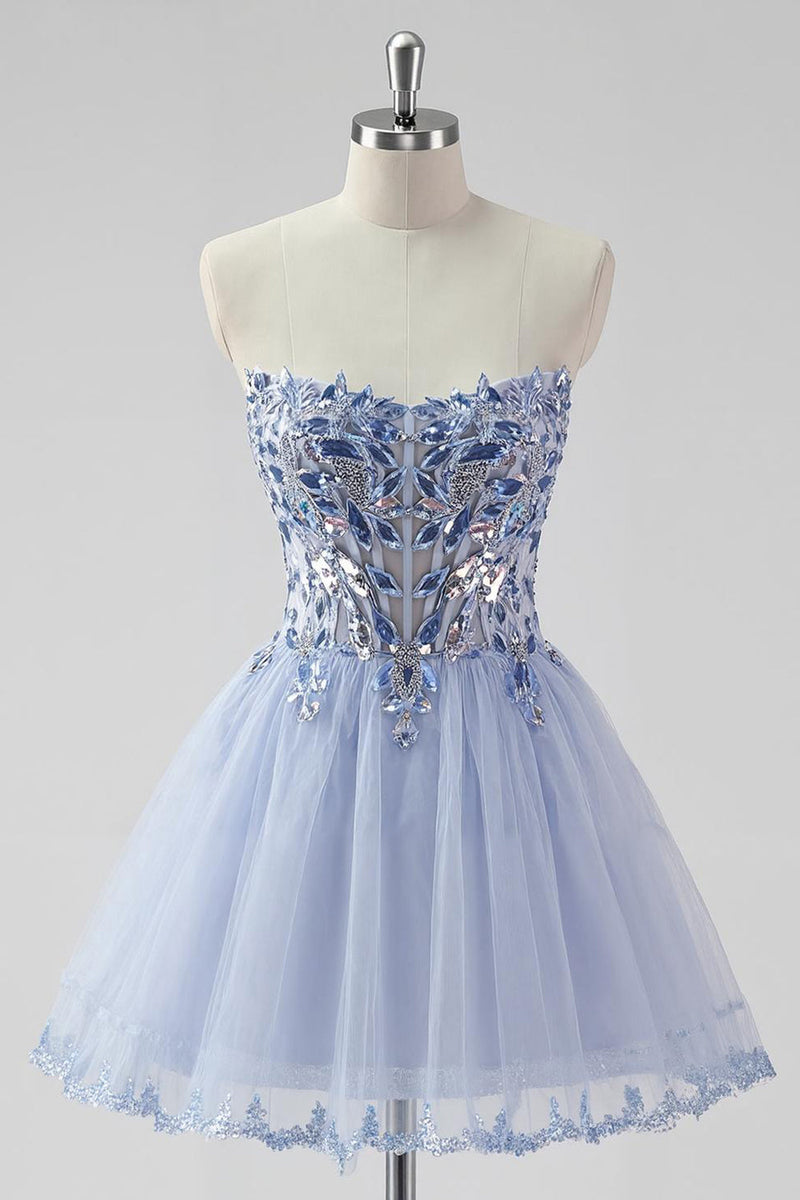 Load image into Gallery viewer, Sparkly Lavender Strapless Short Corset Prom Dress