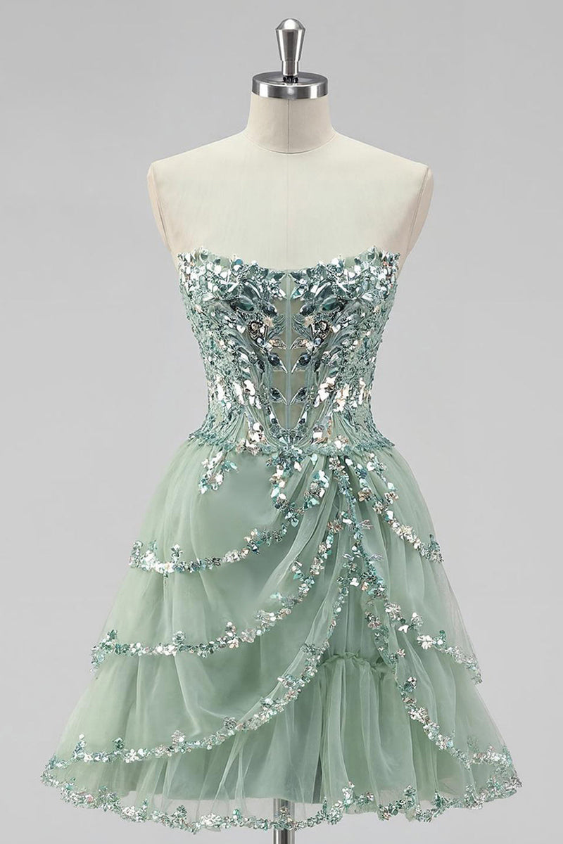 Load image into Gallery viewer, Sparkly Dusty Sage Tiered Strapless Short Prom Dress