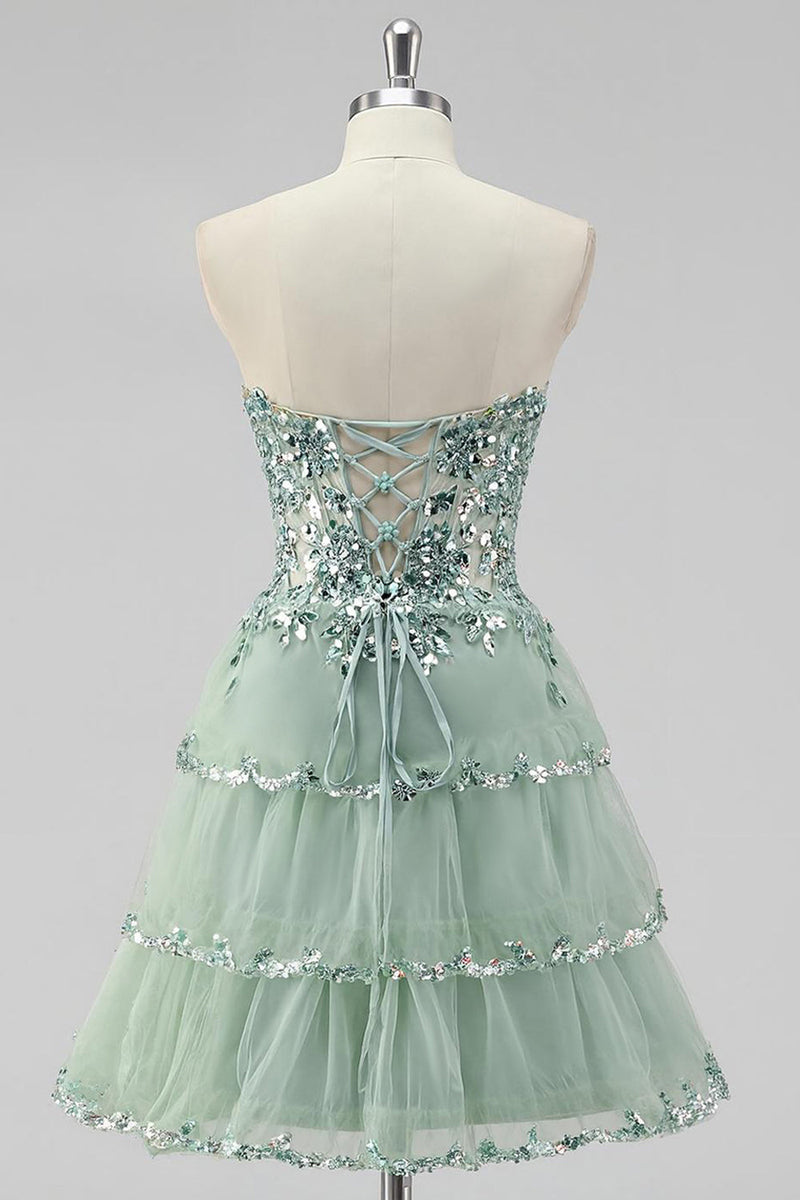 Load image into Gallery viewer, Sparkly Dusty Sage Tiered Strapless Short Prom Dress