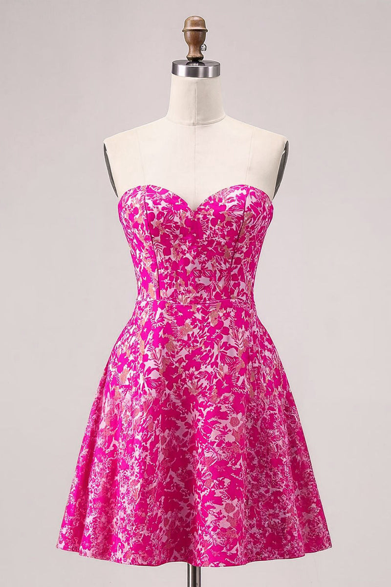 Load image into Gallery viewer, Floral Fuchsia Sweetheart Short Prom Dress