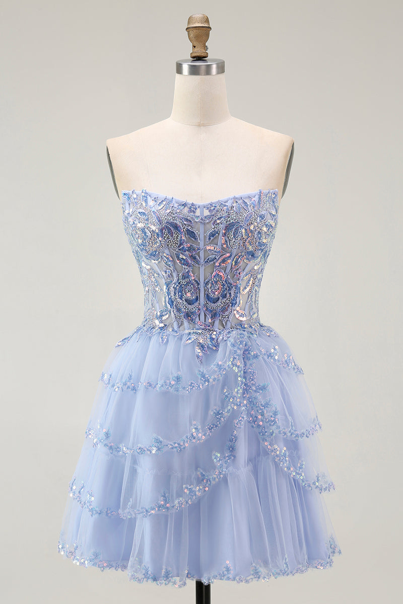 Load image into Gallery viewer, Sparkly Lavender Tiered Strapless Corset Short Prom Dress