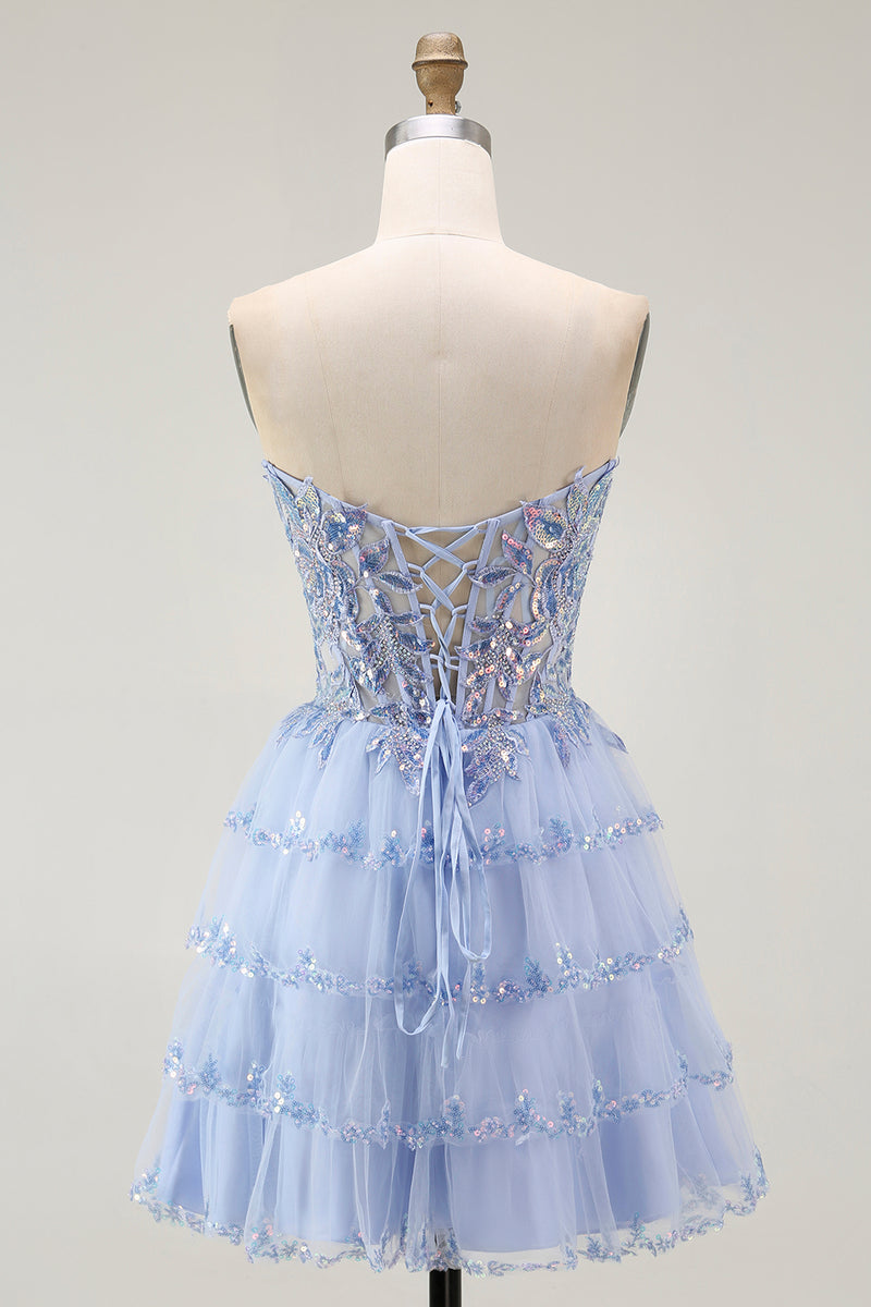 Load image into Gallery viewer, Sparkly Lavender Tiered Strapless Corset Short Prom Dress