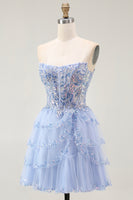 Load image into Gallery viewer, Sparkly Lavender Tiered Strapless Corset Short Prom Dress